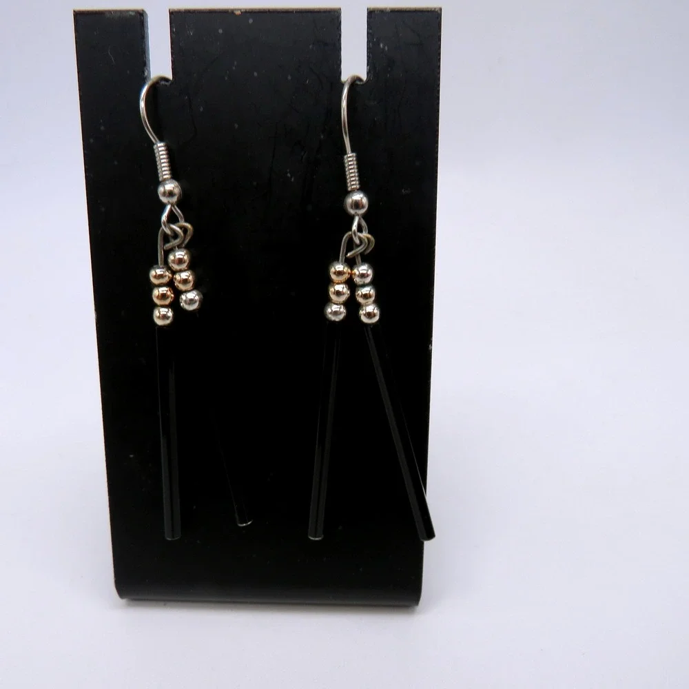 Vintage Black Bugle Bead Dangle Earrings Silver Tone Accents 2 Inch